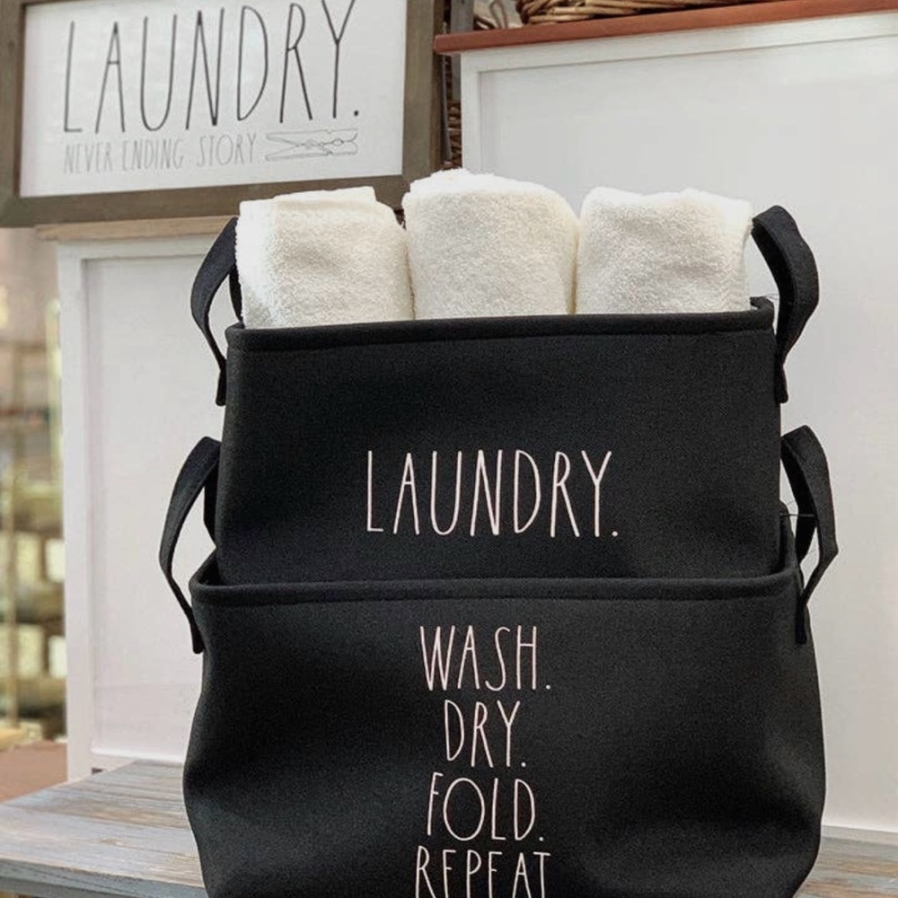 Rae Dunn black set of 2 collapsible laundry bins with white LL LAUNDRY